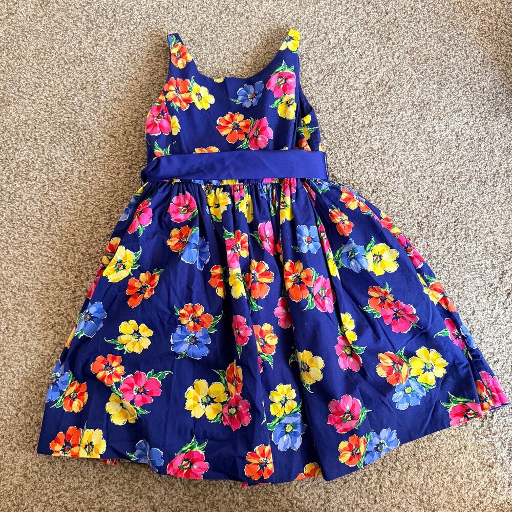 Polo Ralph Lauren Girls Dress Size 6x Navy Blue Floral Pockets Pleated